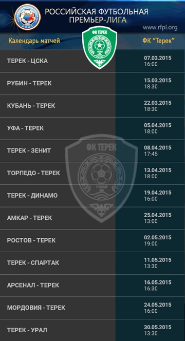 Матчи «Терека» в весенней стадии Согаз-Чемпионата России по футболу