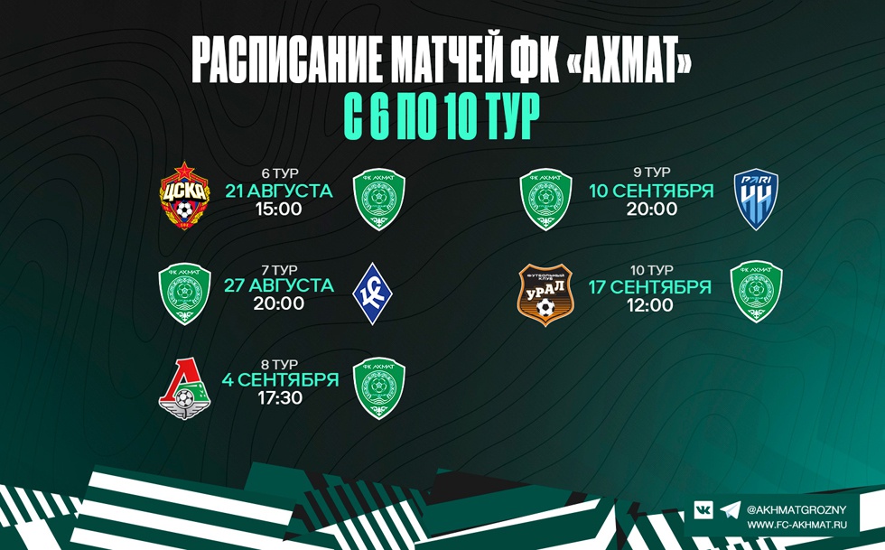 Расписание матчей ФК "Ахмат" с 6 по 10-й туры